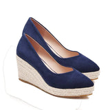 LIHUAMAO Suede wedge shoes women pumps pointed toe high heels platform espadrilles shoes same as princess