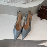 SUOJIALUN Summer New Women Sandal Fashion Pointed Toe Shallow Slip On Ladies Elegant Slingback Shoes Thin Med Heel Dress Mules