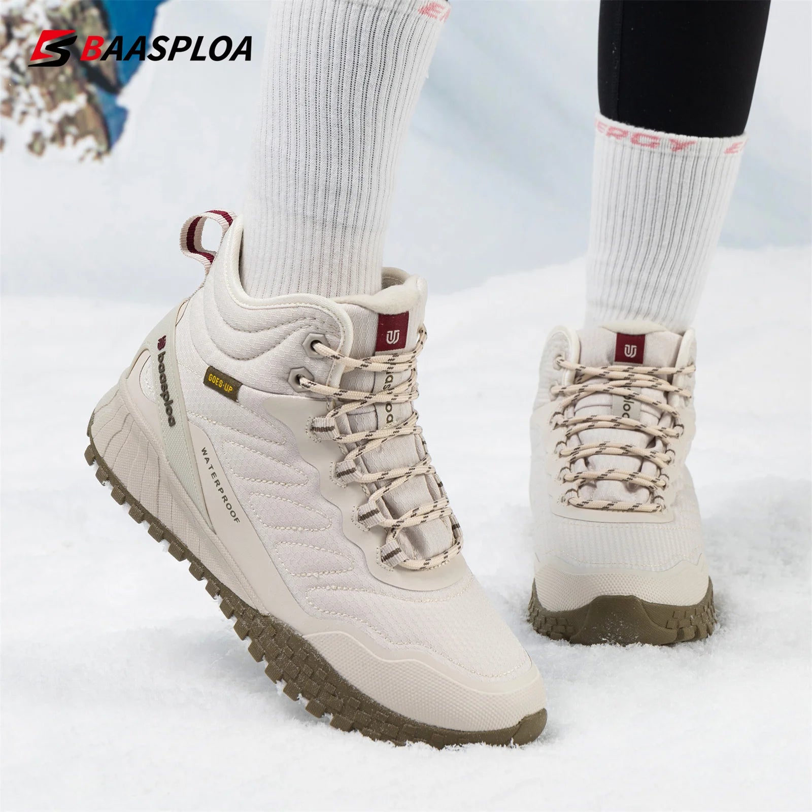 Baasploa Women Snow Boots Leather Waterproof Ankle Boots for Women Plush Warm Casual Shoes Comfort Walking Non-Slip Lace-Up