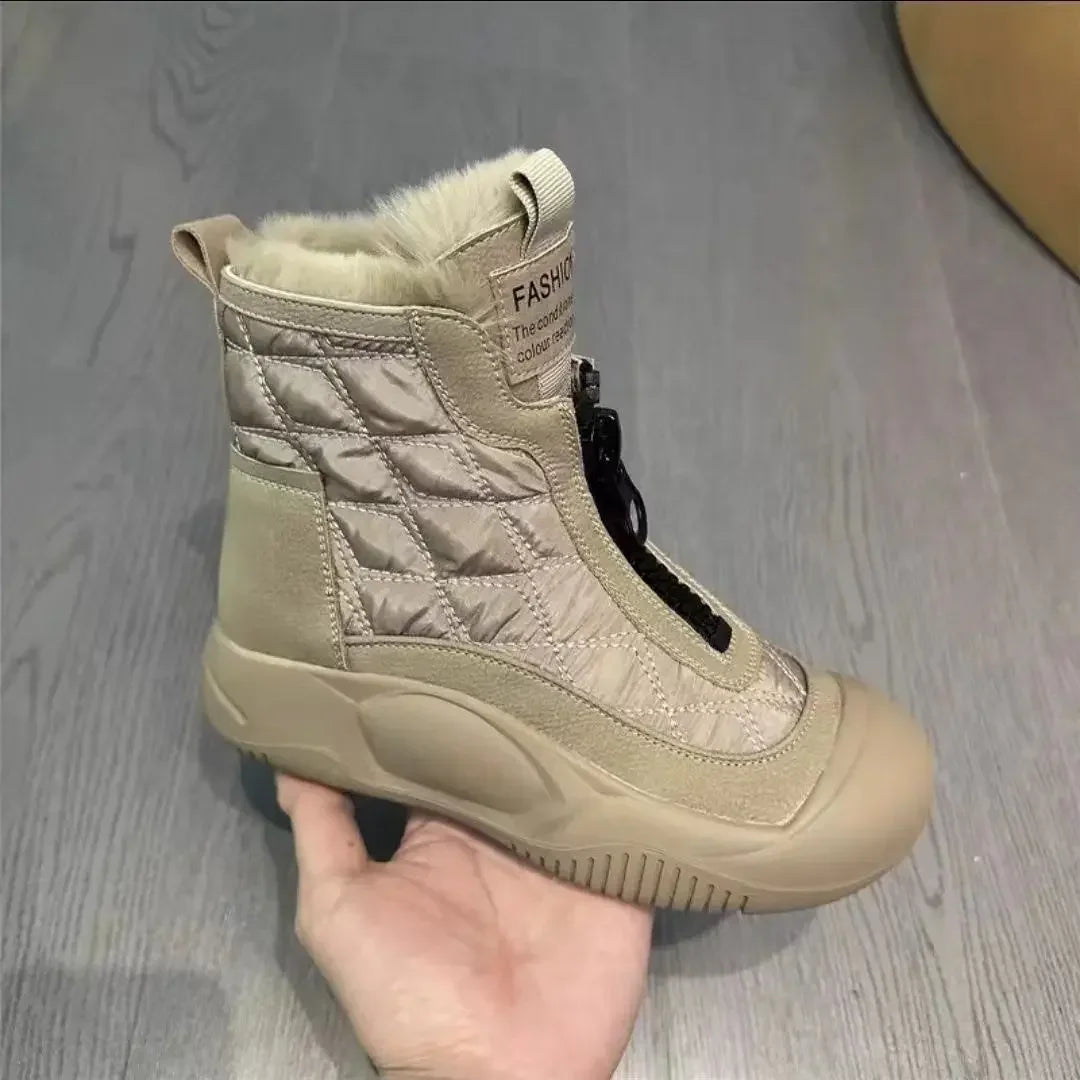 New 2024 Winter Warm Boots Women High Top Snow Boots Ladies Plush Platform Ankle Shoes Front Zipper Fur Chunky Sneakers Woman