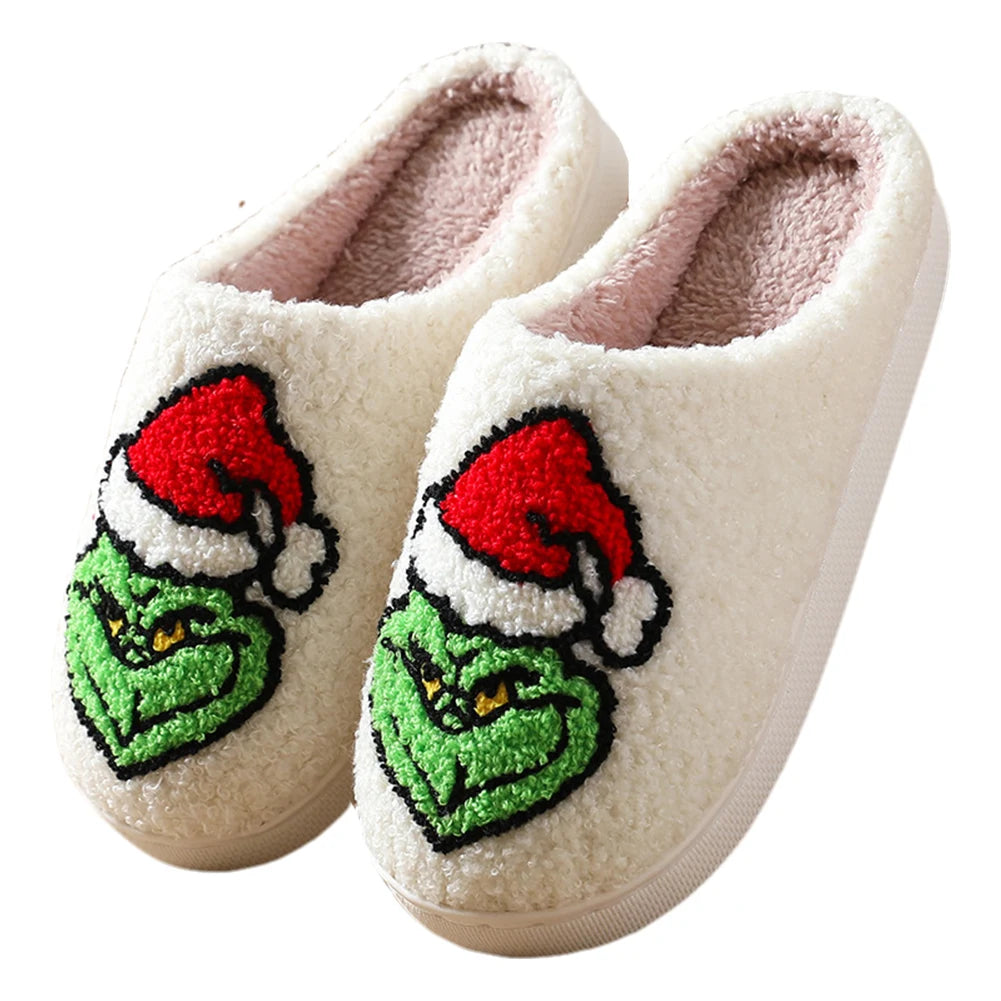 For Grinch Plush Slippers Flat Thermal Slippers Comfortable Fluffy Home Slippers Furry Green Monster Slippers for Autumn Winter