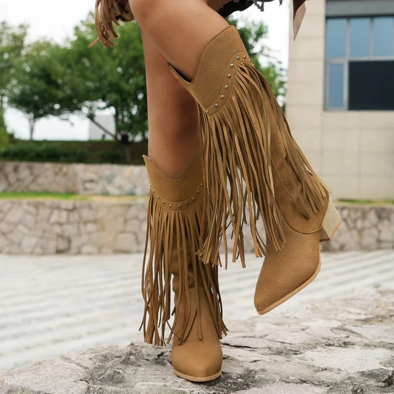 New Women's Vintage Fringe Boots Knee-High Low Chunky Heel Pointed Toe Winter Boots Female Western Cowboy Booties
