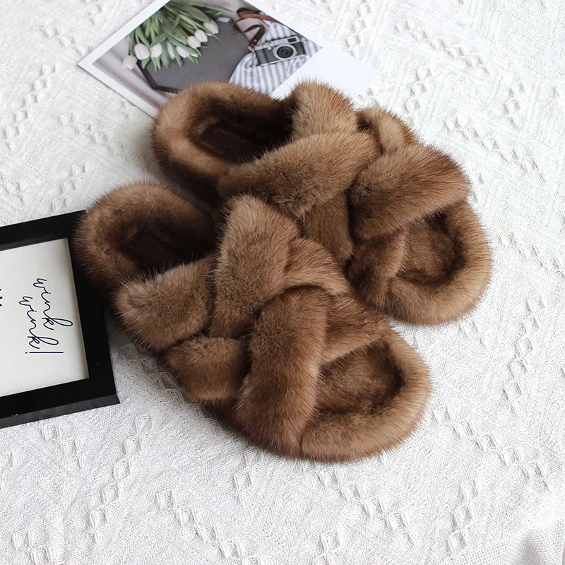 Women's Fur Slippers Women Luxury Designer Resort Fashion 100% Mink Leather Slippers Ladies Fur Shoes Flat Summer Fur Slides