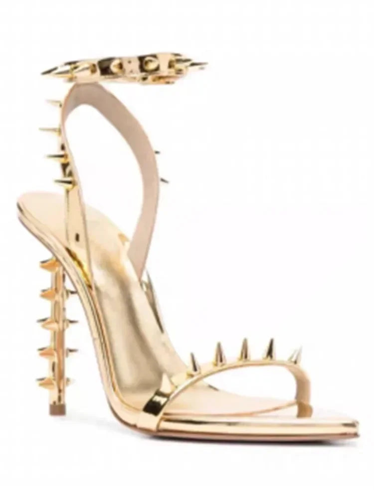 Women's Summer New Thin High Heel Riveted Sandals Fashion Sexy Banquet Party Women's Open Teeth Large Sandals Black Gold