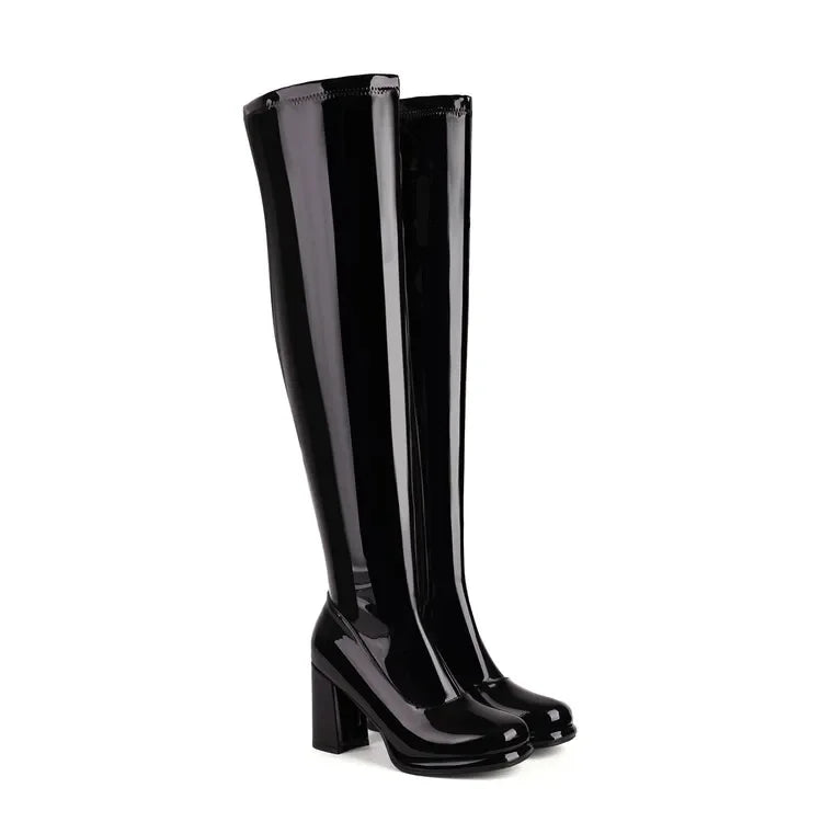 Ochanmeb Size 32-48 Women Golden Thigh High Boots Full Zipper Thick High-heeled Round Toe Silver Overknees Boots Red White Shoes