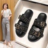 2023 rhinestone crystal buckle slippers women brand design crystal double flip flops female platform slides sandals big size 43