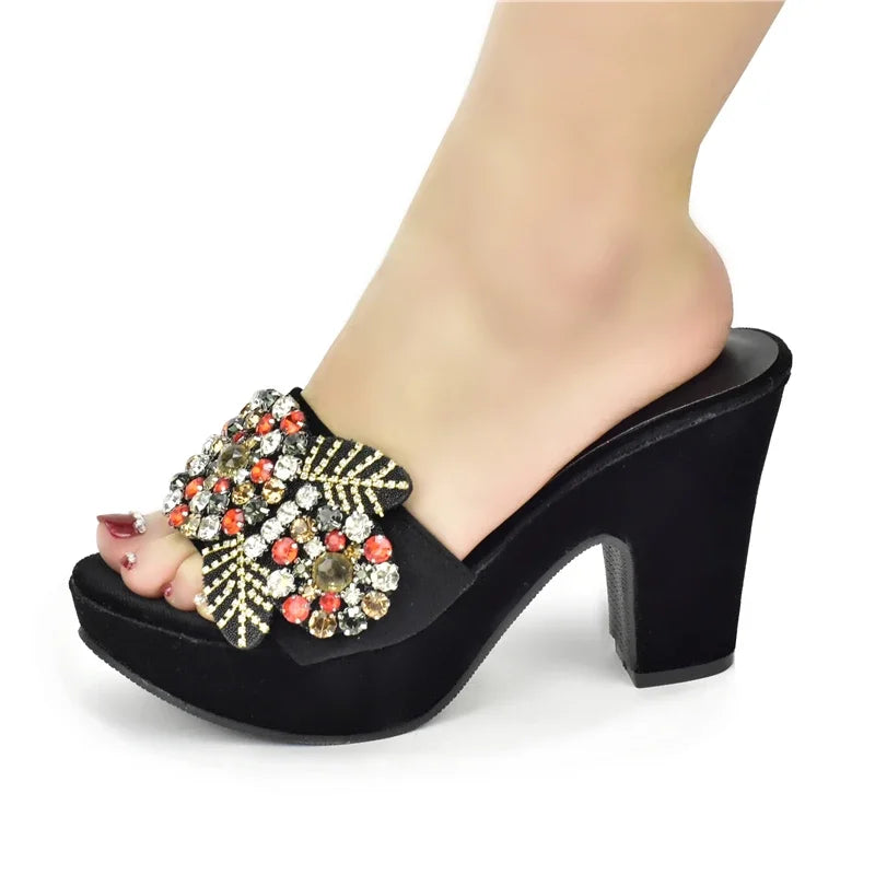 African Women Party Pumps Decorated with Rhinestone Shoes for Wedding Women Wedges Shoes for Women Platform Heels Nigerian Pumps