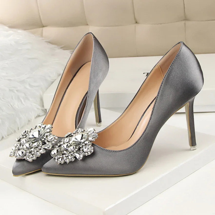 Women 10cm High Heels Sexy Rhinestone Green Pink Gray Pointed Toe Pumps Lady Silk Satin Escarpins Elegant Wedding Evening Shoes