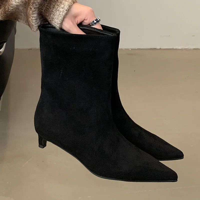 Fashion Pointed Toe Flock Women Ankle Boots Shoes With Low Heel Designer Footwear Slip On Ladies Modern Short Booties Shoes