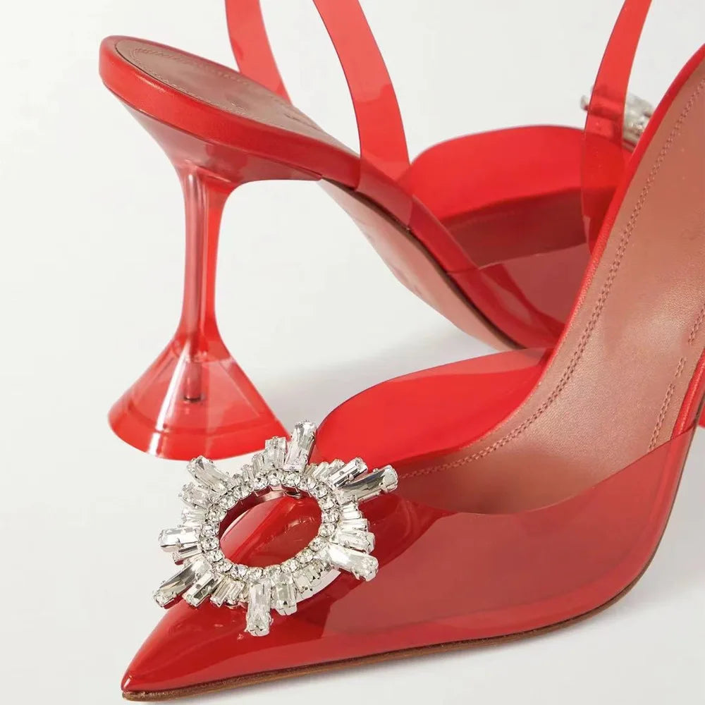 French Crystal High Heels Women's 2022 Summer New Rhinestone Sun Buckle Pointed Baotou Transparent Thin Heel Sandals