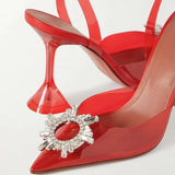 French Crystal High Heels Women's 2022 Summer New Rhinestone Sun Buckle Pointed Baotou Transparent Thin Heel Sandals