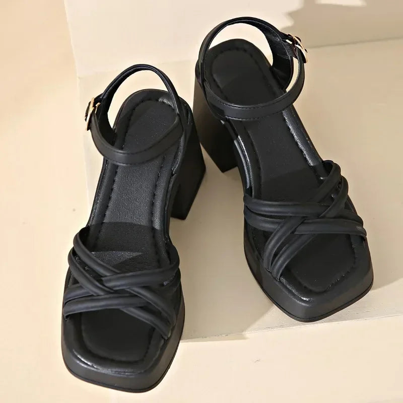 2024 New Fashion Summer Open  Round Toe  Bottom Buckle Shallow Mouth Casual Thick High Heel Large Women's Sandals 35-42
