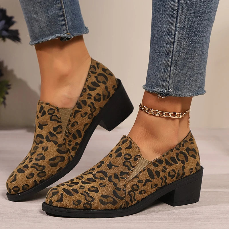 Fashion Leopard Print Loafers Woman 2024 Lightweight Slip On Walking Shoes for Women Plus Size Comfort Thick Heels Chelsea Shoes