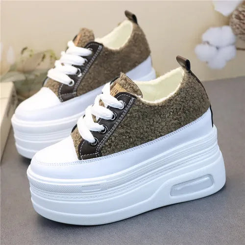 10CM 12CM Genuine Leather Casual Chunky Sneakers Plush Wedge Platform Wedge Winter Fashion Autumn Spring Women Shoes Vulcanize