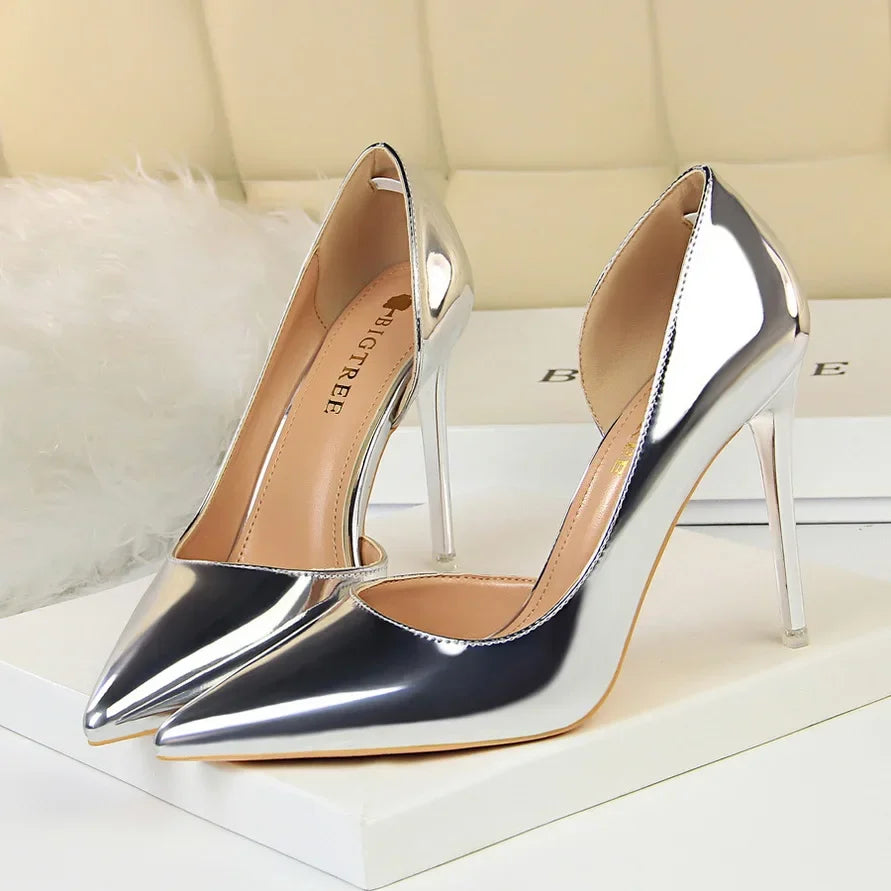 Women 10.5cm High Heels Pumps Lady Stripper Metallic Leather Scarpins Wedding Stiletto Heels Party Silver Champagne Gold Shoes